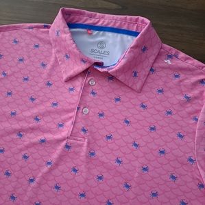 SCALES MEN'S ULTRA SOFT PINK & BLUE CRAB GOLF POLO SHIRT SIZE LARGE